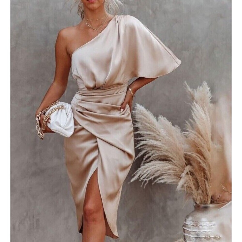 Measure One Shoulder Satin Midi Dress in White Womens Sz Small - Picture 6 of 9